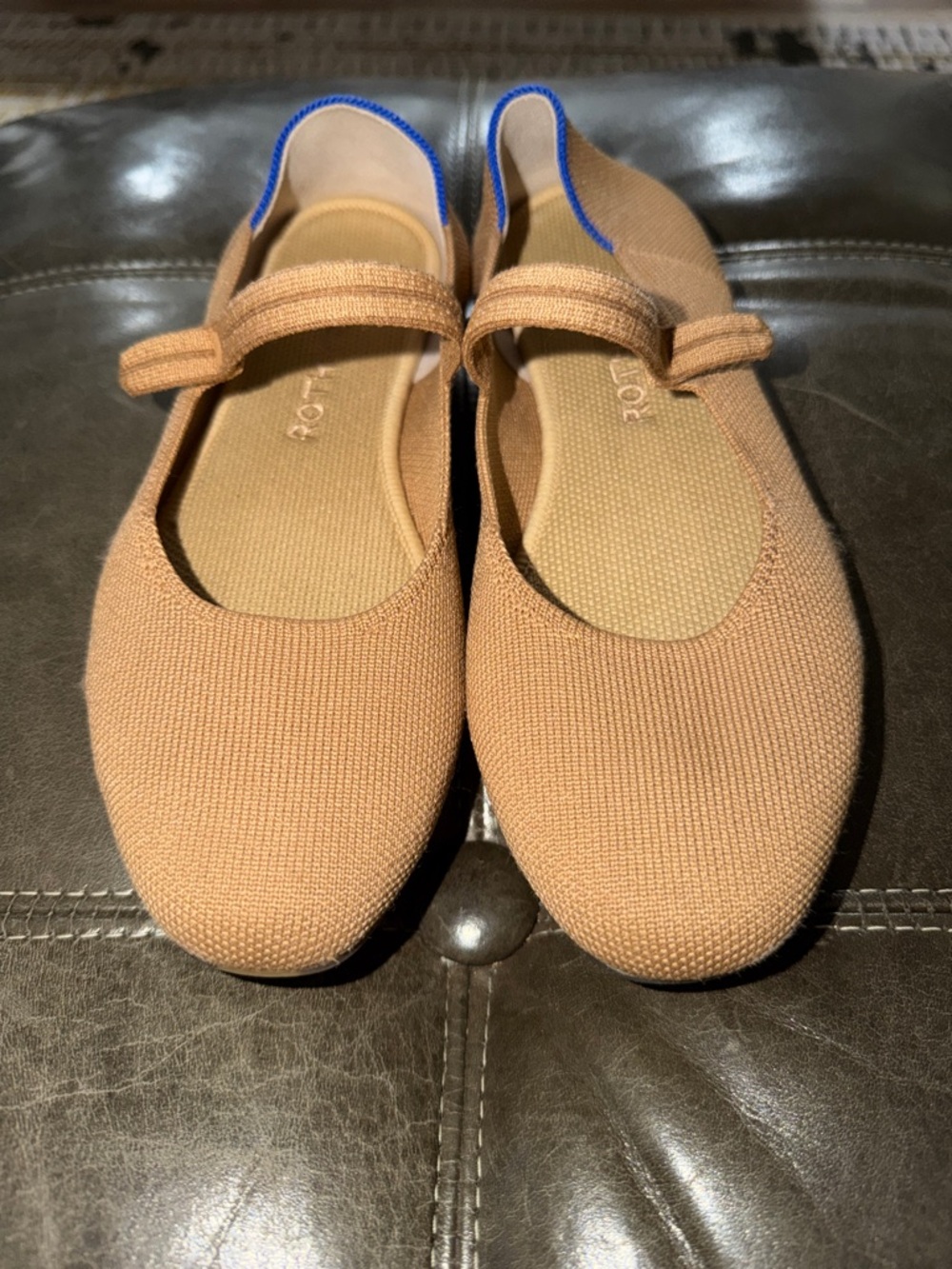 Rothy's Tan Mary Jane Flats with Blue Trim